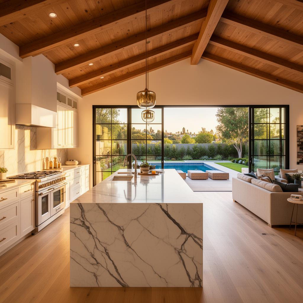 Luxury whole-home remodel with open-concept kitchen, vaulted ceilings, and glass doors to the backyard